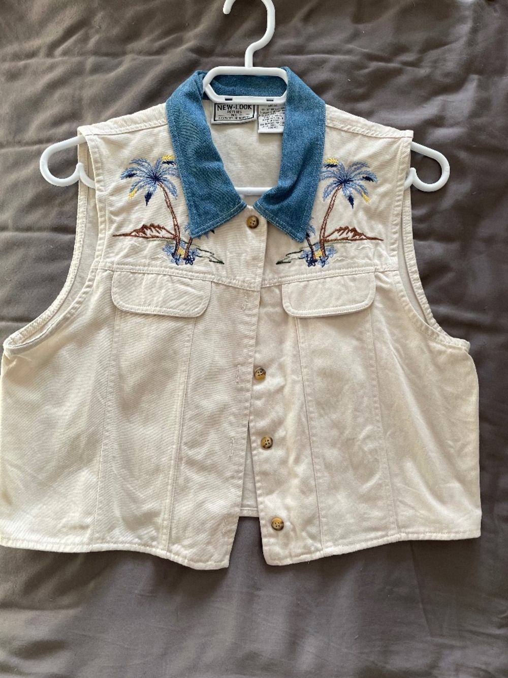 Vintage 90s Cropped Button Down Palm Tree Embroidered Denim Collar, Hawaii Girl